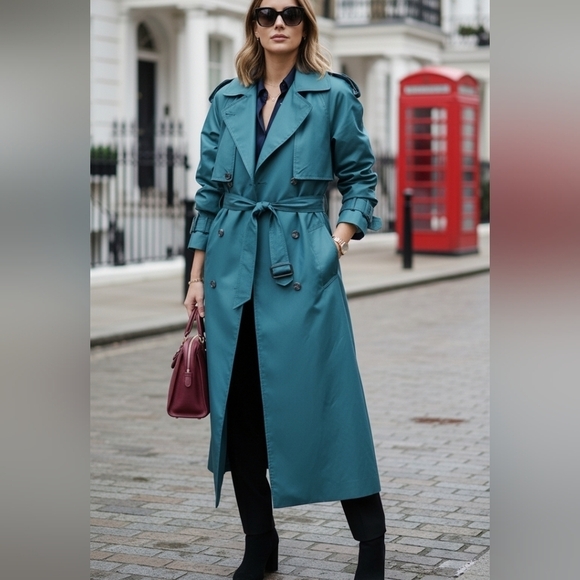 Vintage Jackets & Blazers - Vintage Teal Double Breasted Trench Coat (S-M Oversize) Lined